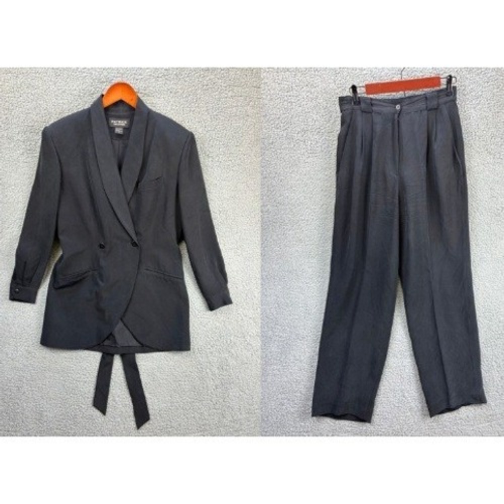 Patrick Collection Silk Double Breasted Pantsuit Womens M/S Black Vintage Office